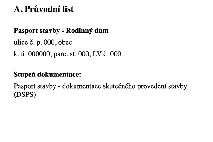 Úvodní strana průvodního listu pasportu stavby, ukázka s anonymizovanými údaji
