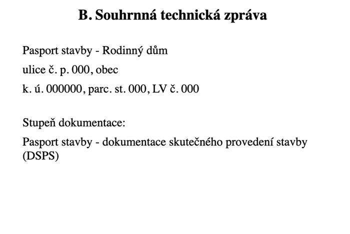 Úvodní strana souhrnné technické zprávy pasportu stavby, ukázka s anonymizovanými údaji
